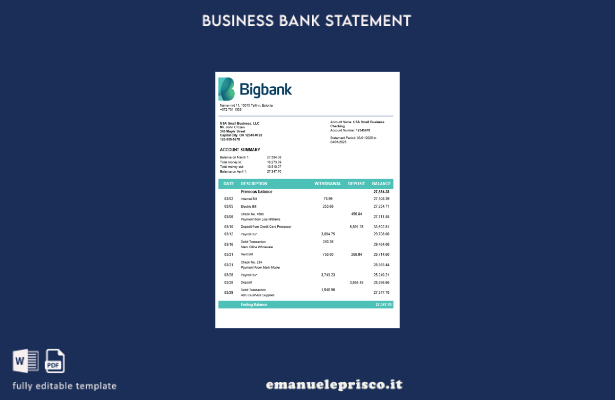 stile verificato Estratto conto aziendale Bigbank Modello Word e PDF
